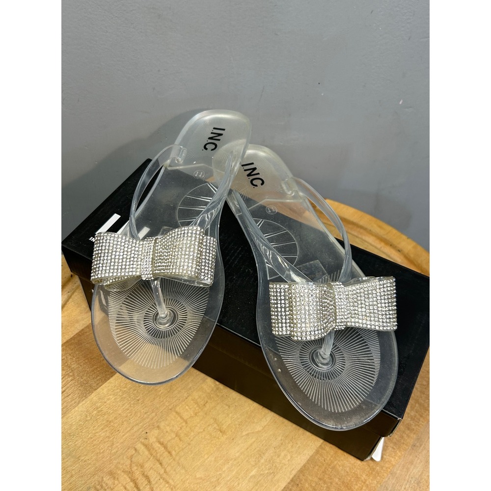 INC Thong Sandals Womens 11 Clear Madena Rhinestone Bow‎ Jelly Flat Flip Flops